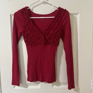 Express Top Women's XS Hot Pink Long Sleeves V-Neck Ruffled Stretch